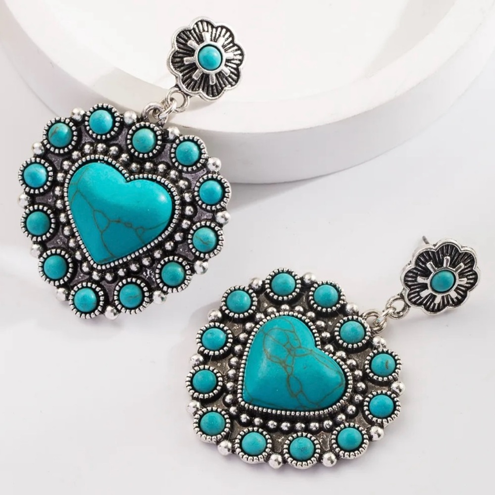 Turquoise Heart Drop Earrings - Silver-Tone Floral Accent